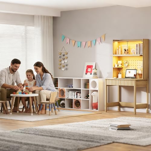 Lvifur 31.5" LEDStudy Desk with Hutch,Outlets,Reading Lights | Computer Desk with Charging Station,2 Drawer,Compact Writing Desks,Home Office Desks for Bedroom,Natural - color: Natural