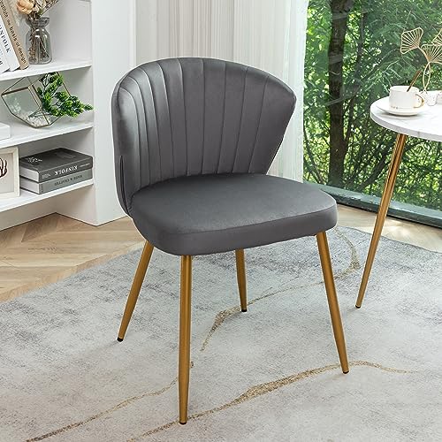 GDFStudio 30.71" Modern Velvet Accent Chair, Comfy Lounge Chair, Upholstered Side Chair with Channel Tufted Back, Gold Metal Legs, Armless Reading Chair for Living Room Bedroom Small Spaces, Gray - color: Gray + Polyester
