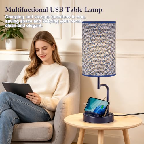 Dreamholder 2 Pack Table Lamp, Bedside Lamp with 3 USB Charging Ports & AC Outlet, USB Desk Lamp with 2 Phone Holders, Linen Fabric Shade Nightstand Lamps for Bedroom Living Room Office, Blue - color: Blue
