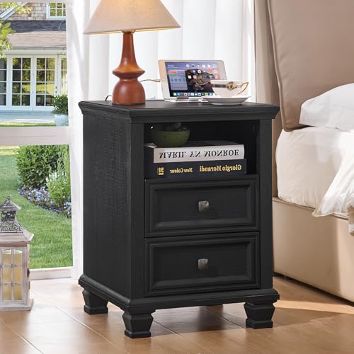 Farmhouse Side Table with Charging Station, Black | Antique Nightstands for Bedroom with Drawers, Bedside Table with Open Shelf & Thickened Top & Square Wooden Legs - color: Black, size: 18"D x 18"W x 25"H (2 Drawers)