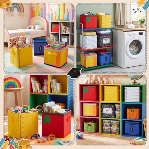Crtiin 6 Pcs 11in Notebook Pencil Crayon Fabric Storage Bins Colorful Cubby Baskets with Handles Classroom Collapsible Cube Bins for Classroom Daycare Preschool Elementary Must Have (Stationery) - style: Stationery
