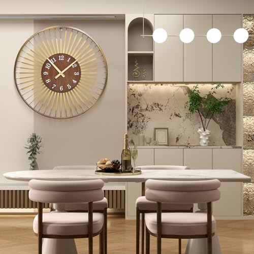 24 Inch Mid-Century Modern Wall Clock | round frame with walnut center, silent quartz clock, gold accents, decor wall clock for living room, bedroom & office - color: F - Gold Clock