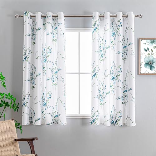 MYSKY HOME Short Floral Curtains 63 Inch Long for Small Window | Thermal Insulated Light Filtering Soft Curtains for Bedroom Bathroom Grommet Top Leaf Flower Drapes, 52" W, 2 Panels, Sage - color: B-sage, size: 52"W x 63"L (Pack of 2)