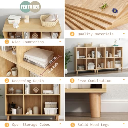 IOTXY Open Cubes Low Bookcase - 2-Tier 6-Cube Short Bookshelf in Oak | Nordic Minimalist Style, MDF Material, Solid Wood Legs, Deep Storage Cubes, Free Standing Wooden Cabinet Organizer Unit - color: Oak, size: 2-Tier 6-Cubes