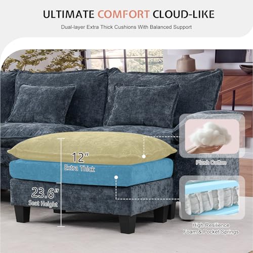 118" Modular Sectional Sofa with Storage, L-Shaped Cloud Couch | Deep Seat, Moveable Ottoman, Throw Pillows, Sofa Sleeper, Cloud Comfort Couches for Living Room Bedroom, Chenille Blue - color: Blue, size: 118" - 4 Seat L