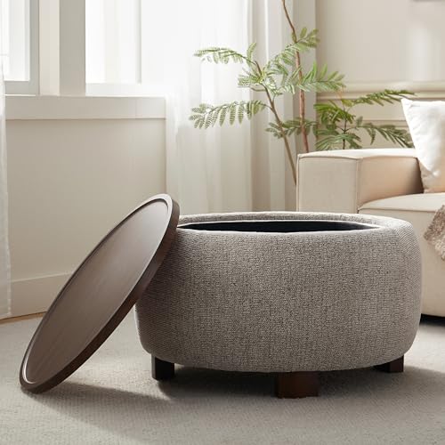 VKNOW 30" Round Storage Ottoman, Ottoman Coffee Table with Removable Wood Top and Solid Wood Legs for Living Room, Bedroom, Apartments(Brown) - color: Brown