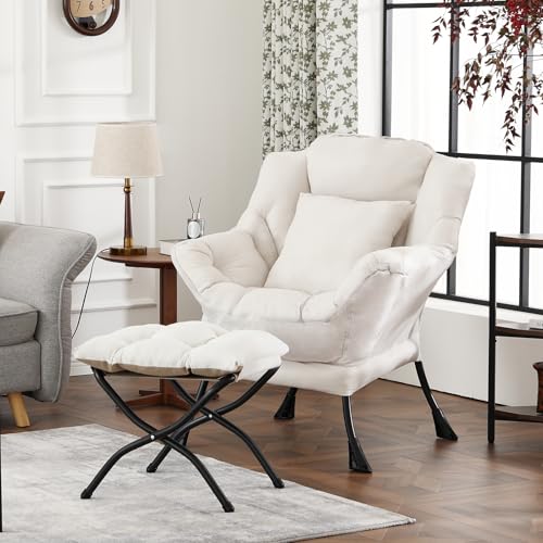 Lazy Chair with Ottoman, Comfy Reading Chair for Bedroom,Beige | Comfy Bedroom Accent Chair with Washable Removable Cover and extra throw pillow for Living Room Dorm - color: Peach Beige-1