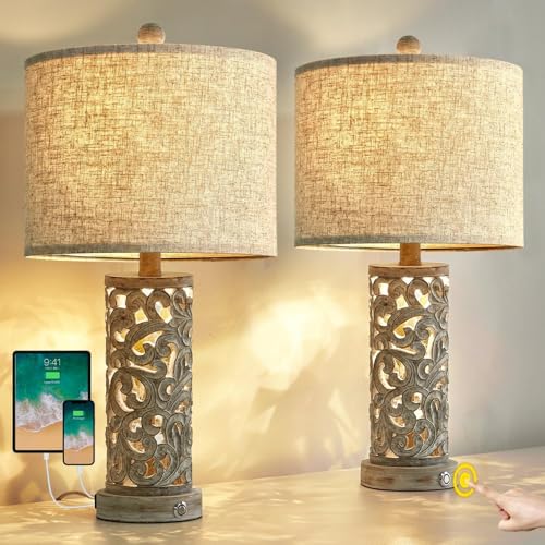 Bedside Table Lamps Set of 2 with USB & Night Light, 22'' Dimmable Touch Lamps for Nightstand, Farmhouse Lamps for Bedroom Living Room Home Offce (Bulb Included) - color: Rustic Grey