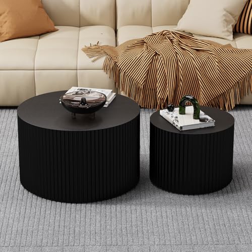 26 inch Round Black Fluted Nesting Coffee Table Set of 2, C Large | Spray Painting Finish, For Living Room, Mid-Century Modern Style, Nestable Design, Nested Side Table, For Small Spaces - color: C Large