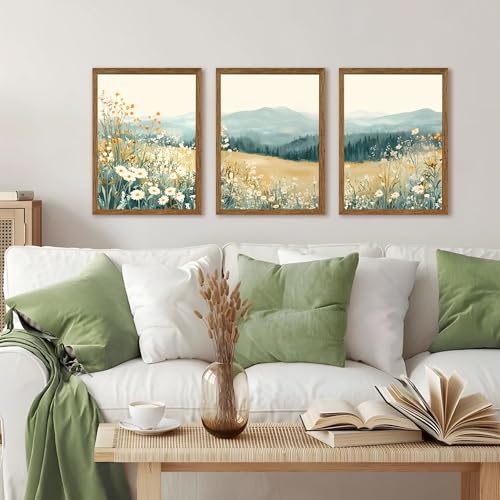AVECCO 3 Pieces Wildflower Meadow Mountain Framed Canvas Wall Art 12x16 in | UV Fade-Resistant Ink, Giclee Print, Wooden Frame, Triptych Floral Landscape, Ready to Hang, Living Room Bedroom Decor - color: Mountain flowers, size: 16"L x 12"W