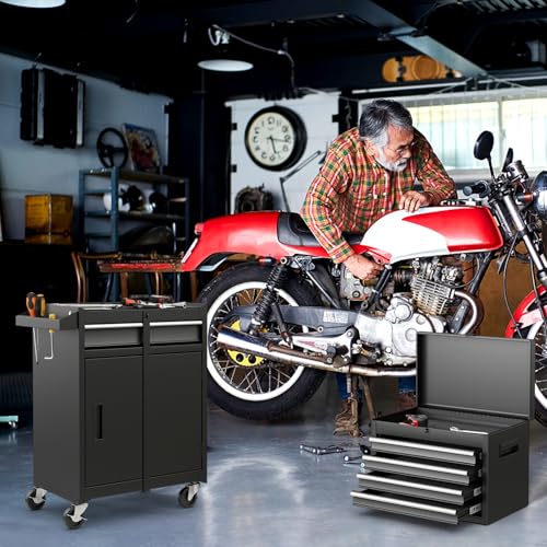 Goplus Tool Chest, 5 Drawers Rolling Tool Cabinet with Detachable Top Toolbox, Universal Lockable Wheels, Lock Bar, Protective Liner & Tool Rack, Metal Tool Storage Cart, Tool Box for Garage Workshop - color: Black, style: 5-Drawers