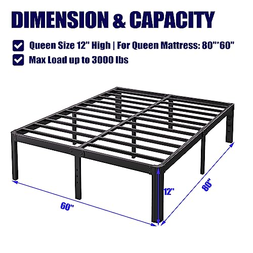 Hunlostten 12" High Queen Bed Frame No Box Spring Needed, Heavy Duty Metal Platform Bed Frame Queen Size with Round Corners, Easy Assembly, Noise Free, Black - size: Queen, style: 12 Inch