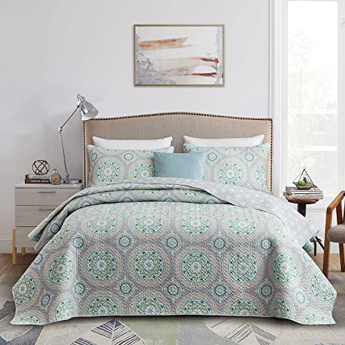 CHIXIN Boho Quilt Queen Size - Bohemian Chic Medallion Design - Lightweight Bedspread Coverlet Set, Ultrasonic Quilting Mandala Bedding Cover for All Season, 3 Piece, Aqua Blue - color: Skyblue/Wheat/White, size: Full/Queen(90"x92")