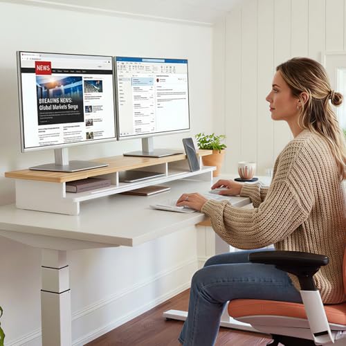42.5" Dual Monitor Stand Riser with Phone Holder Desk Shelf White | Double Computer Monitor Stand for 55-72" Desk Wood Storage Organizer Cozy Computer Setup Workplace Organizer Keyboard Storage - color: White & Natural Bamboo, size: 42.5 inch