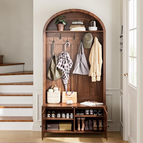 Mxtxmy Hall Tree with Bench and Shoe Storage 78.74" Coat Rack with 7 Hooks | Farmhouse Entryway Bench with Adjustable Shelf,4-in-1,Tall Hall Tree with Arch Storage Cubby Furniture Organizer for Hallway - size: 78.74"H