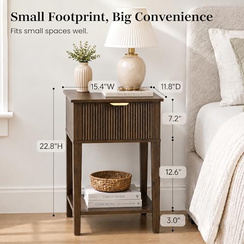 Dark Walnut 15.4" Wide Small Nightstand with Drawer,Open Shelf,Fluted | Deep wood tone, ribbed fluted front, 11.8-inch slim depth, concealed storage, styled for bedside, sofa side, or chair side - color: Dark Walnut