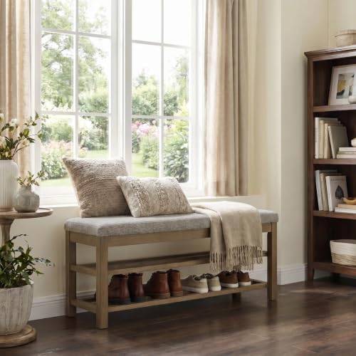 VKNOW 44.3” Entryway Bench, 2-Tier Upholstered Shoe Storage Bench, Brown | Shoe Bench with Rubberwood Legs, Shoe Rack for Entryway, Hallway, End of Bed, Living Room - color: Brown1