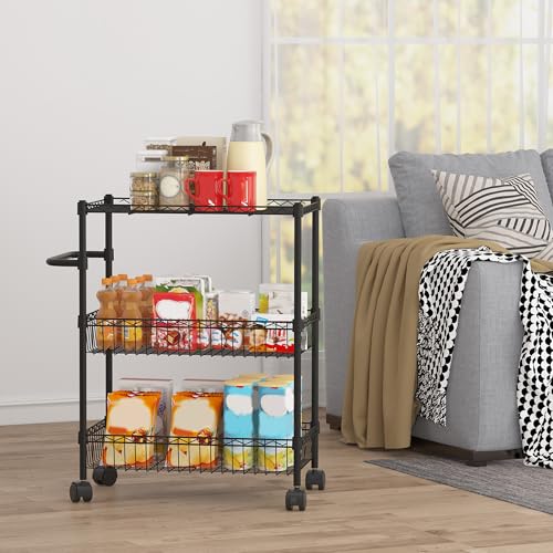Black 3 Tier Rolling Storage Cart, Metal Wire Kitchen Cart with Baskets & Handle, Utility Trolley on Wheels for Kitchen, Bathroom, Laundry, Pantry & Office - color: Black