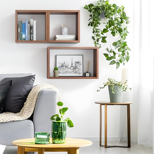 Wall Mount Shelf Set of 3, Floating Cube Shelves for Space Discovery Home and Commercial Use, Large Size Shelves Set, Dark Walnut - color: Dark Walnut, size: Set3