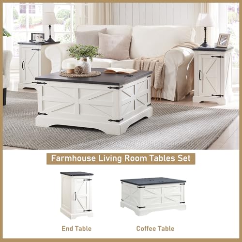 Farmhouse 17" Nightstand with Charging Station, White | Rectangular/ Rustic End Table with Barn Door /Adjustable Shelf/ Wood Sofa Side Table/ for Living Room, Bedroom - color: White Color