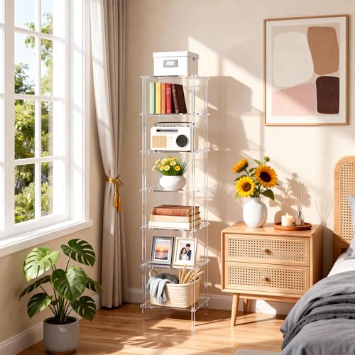 Acrylic Bookshelf, Small Bookcase, Standing Freestanding Corner Storage Shelves Display Shelf for Living Room, Bedroom (Clear, 7 Tier) - size: 7 Tier