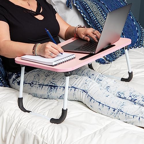Mind Reader Lap Desk Laptop Stand, Bed Tray, Folding Legs, Couch Table, Portable, MDF, 23.25" L x 13.75" W x 10.5" H, Pink - color: Pink