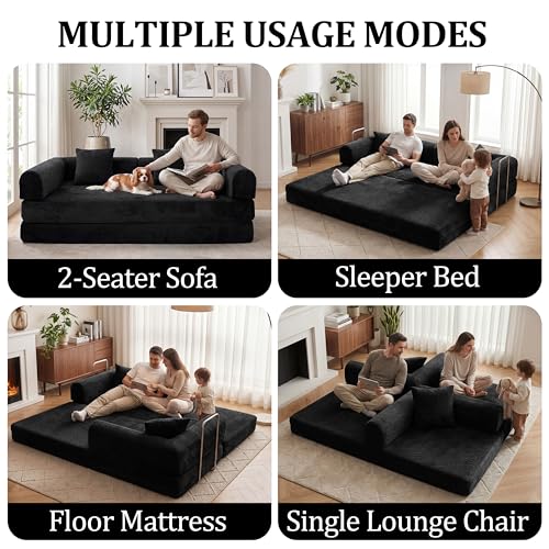 79" Boneless Couch,4-in-1 Futon Sofa Bed Modular Loveseat Sleeper Folding Compressed Couch with Pillows,No Assembly Required Convertible Sofa Bed for Living Room Bedroom Guest Room,Black - color: Black, size: 79” Sofa