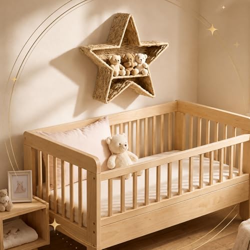 Star Nursery Wall Shelf Decor Boho Rattan Wicker Floating Shelves Handwoven Natural Rattan Hanging Organizer Storage Basket for Small Books Toys Nursery Bathroom Living Room Bedroom Corner - style: Star