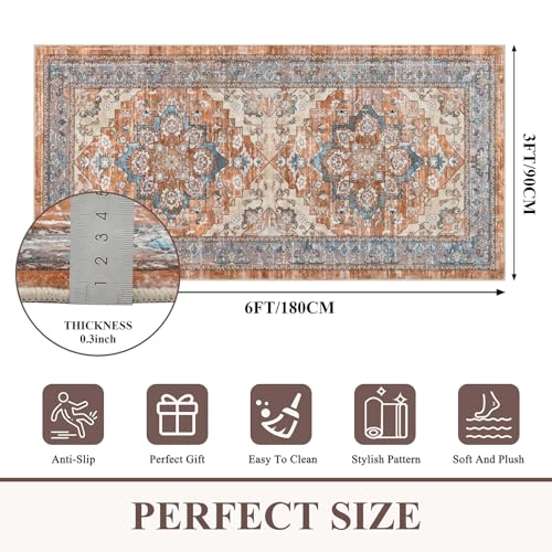Bsmathom Washable Runner Rug 3x6, Floral Non Slip Boho Hallway Runner Rug with Rubber Backing, Low Pile Faux Wool Distressed Carpet for Kitchen, Laundry, Bedroom, Entrance - color: Brown Red, size: 3' x 6' (Runner)