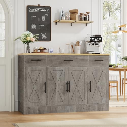 Shintenchi Buffet Cabinet with Storage,53.4" Large Kitchen Storage Cabinet with 3 Drawers and 4 Doors,Wood Farmhouse Buffet Sideboard with Adjustable Shelf for Kitchen Living Room, Gray - color: Grey