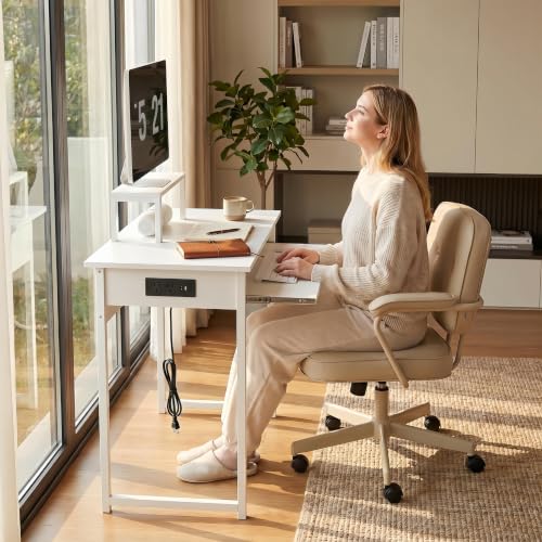 ALISENED Computer Desk with Keyboard Tray and Monitor Stand, 37.5 Inch Small Desk with Power Outlets & USB Ports for Bedroom Home Office, Compact Gaming Desk Shelf, White (White, 37.5") - color: White, size: 37.5"