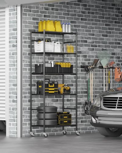 Sakugi 5-Tier Storage Shelves 33.1" x12.6" x73.5" Black with Wheels | Kitchen, Closet, Pantry, Garage, Heavy Duty, Adjustable Feet, Metal Construction - color: Black, size: 33.1W x 12.6D x 73.5H(5T)