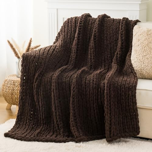 Battilo Brown Chunky Knit Throw Blanket, 50"x60" | Soft Thick Chenille Throw Blanket, Handmade Cable Knit Crochet Blanket for Couch Sofa Bed Home Decor - color: Brown