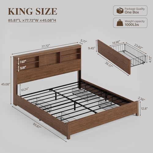 King Size Bed Frame with 4 Storage Drawers, Brown | Metal Platform Bed Frame with Tall Headboard, King Bed Frame with LED Lights&Charging Ports, No Box Spring Needed, Noise-Free - color: Brown, size: King