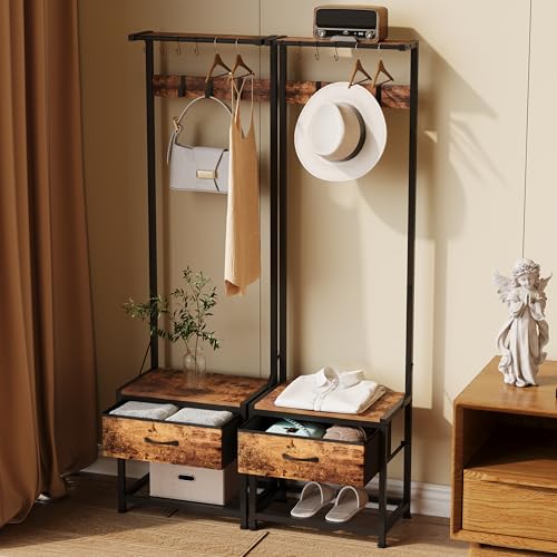 LUMTOK Hall Tree with Shoes Bench Storage,Small Coat Rack with Drawers | 4 in 1 Narrow Hall Tree with shoes storage & fabric drawers,Entryway organizer with coat rack for closet,hallway,bedroom, - color: Brown
