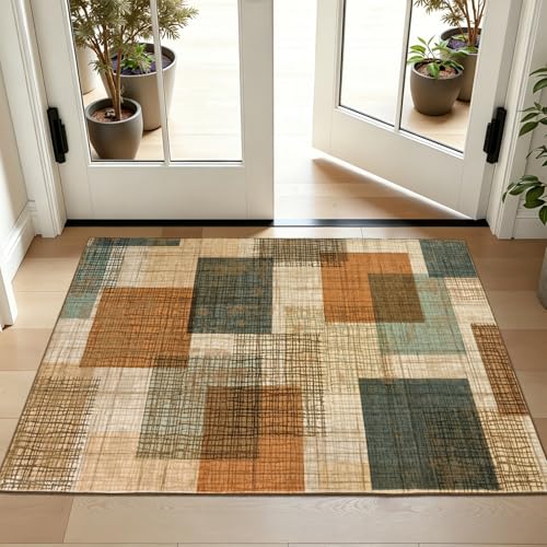 Washable 2x3 Entryway Rug Throw Rugs with Rubber Backing Orange/Blue | Non Slip, Low-Pile, Soft Stain Resistant, Patchwork Grid Print Door Mat Indoor Entrance for Kitchen Entry Bathroom Decor - color: Orange/Blue Multi, size: 2' x 3' (Rectangular)