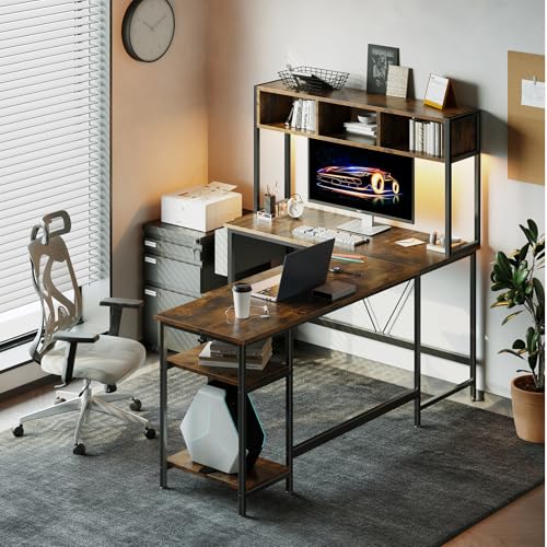 DUMOS 67" L Shaped Gaming Desk, Reversible Computer Desks with LED Lighting, Corner Desk for Compact Spaces with Keyboard Tray & Storage Shelf, Metal Frame PC Gaming Table for Home Office,Rustic Brown