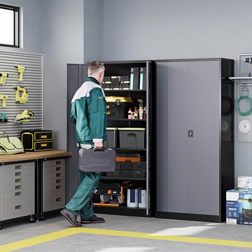 Metal Garage Storage Cabinets with Lock Door and Adjustable Shelves, Steel Tool Cabinets for Home,Office,Warehouse Organisieren (Black Gray) - color: Black Grey, size: 16"D x 32"W x 71"H
