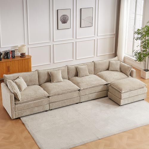 Modular Sectional Sofa, 147.2 Inch L Shaped Couch Set with Armrests, 4-Seater Comfy Cloud Couches with Movable Ottoman for Living Room Apartment, Coffee - color: Coffee, size: 147.2'' - L Shape