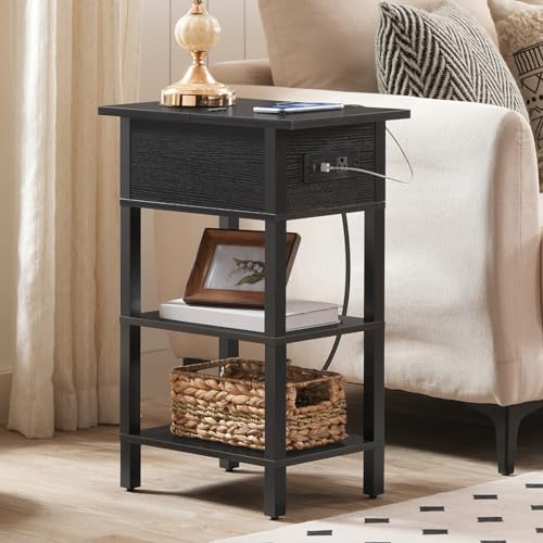 HOOBRO End Table with Charging Station, Flip Top Side Table with USB Ports, Narrow Nightstand Bedside Tables with Storage Shelves, for Small Space, Living Room, Black BK141UBZ01 - color: Black