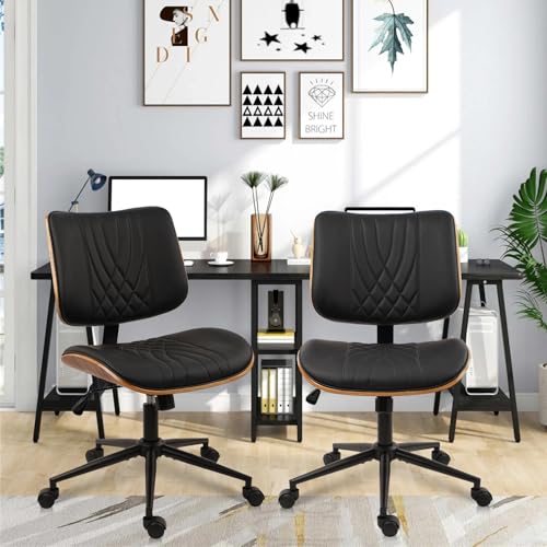 CLATINA Armless Home Office Chair, Desk Chair with Wheels, Adjustable Height Reading Chair, Leather Mid Back & Swivel Computer Chair, Modern Walnut Chairs with Back for Study Meeting Room(Black) 2Pack - color: Black Diamond-a, size: 2 Pack