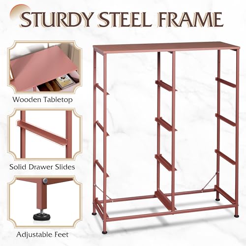 WLIVE Fabric Dresser for Bedroom, Tall Dresser with 8 Drawers, Storage Tower with Fabric Bins, Double Dresser, Chest of Drawers for Closet, Playroom, Dormitory, Pink and Rose Gold | Pink 8-drawer tall storage tower with fabric bins and wood tabletop, brea