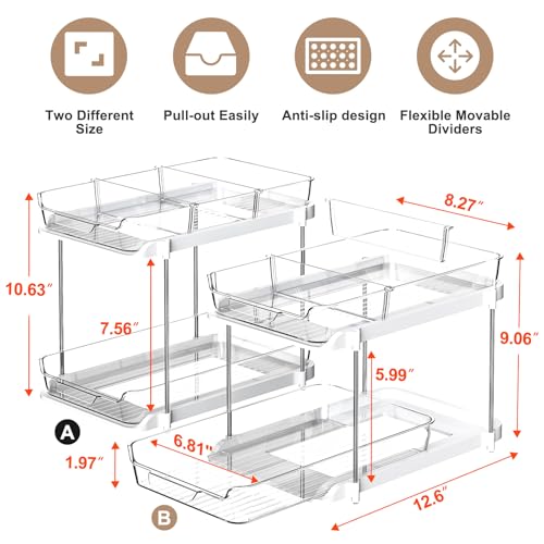 Delamu 2-Tier Multi-Purpose Bathroom Under Sink Organizers and Storage, Stackable Kitchen Pantry Organization, Pull Out Medicine Cabinet Organizer with Movable Dividers, White, 2 Pack - color: White, size: 2 Pack