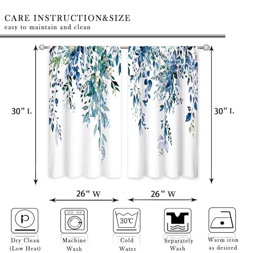 Teal Eucalyptus Botanical Leaves Floral Small Kitchen Curtains Blue Flower Window Treatment Wildflower Plant Cafe Short Window Curtains for Bathroom Room Tier Treatment Drapes 26x30 inch - color: 07 Navy Blue, size: 26"W x 30"L (Pack of 2)