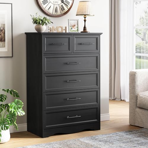 YANSNWO Black 6 Drawer Dresser for Bedroom, 44" Tall Chest of Drawers | Brushed Metal Handles, Unique Base Design, Replicated Wood Grain Finish, Modern Farmhouse for Bedroom/Living Room/Hallway - color: Black, size: 15.7"D x 31"W x 44.3"H (6 Drawers)