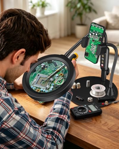 30X 10X Magnifying Glass with Light and Phone Holder, 5 Color Modes Stepless Dimmable, Optical Grade HD Lens, LED Lighted Magnifier Hands Free with Flexible Gooseneck for Close Work, Craft, Hobby - color: Black, size: 4.3in-16in & Base with Phone Holder