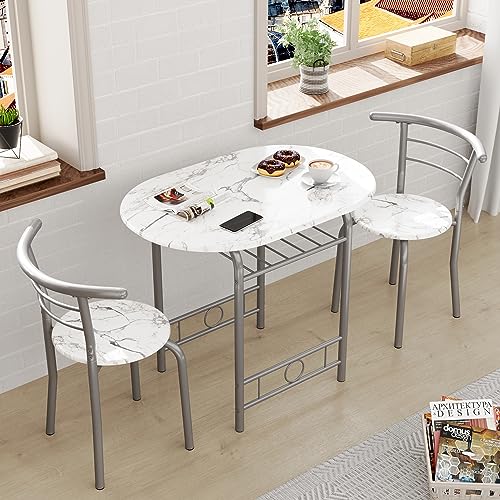 JUMMICO 3-Piece Wooden Round Table & Chair Set | Kitchen Breakfast Nook Wood Grain Tabletop with Metal Frame and Built-in Wine Rack for Kitchen, Dining Room (White/Silver) - color: White/Silver
