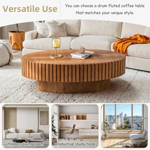 Oval Drum Fluted Coffee Table (E) | Modern Wood Coffee Table with Circle Pedestal Center Tables Fluted Accent Tea Tables for Apartment Living Room - color: E
