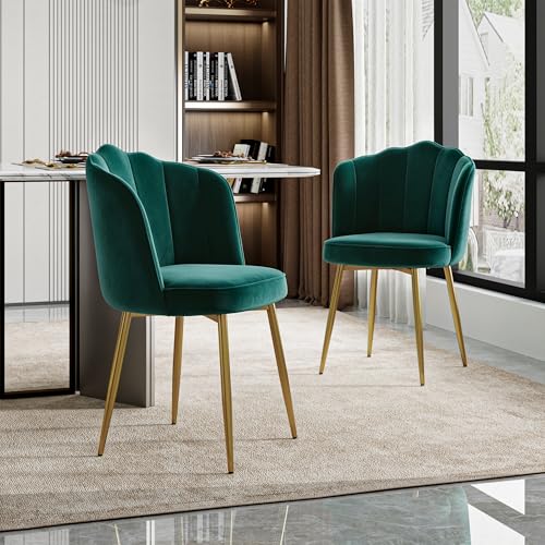 VECELO Velvet Dining Chairs Set of 2, Modern Upholstered Kitchen Chairs with Thick Cushions, Curved Padded Backrest and Metal Legs, for Kitchen, Dining Room, Living Room, Green - color: Green, size: Set of 2