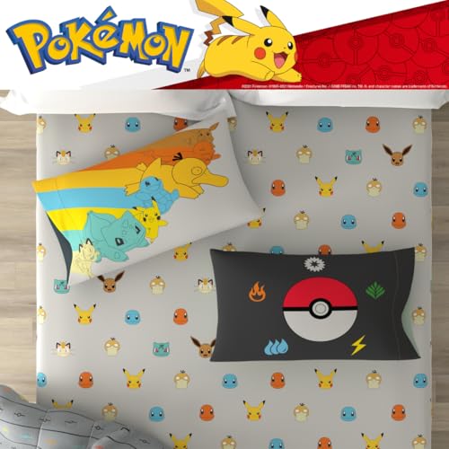 Pokemon Bedding Set, Twin Size 5 Piece Set Kids Super Soft Cozy Reversible Comforter and Sheet Set with Sham, (100% Officially Licensed Product) by Franco - color: Pokemon Color Lines, size: Twin